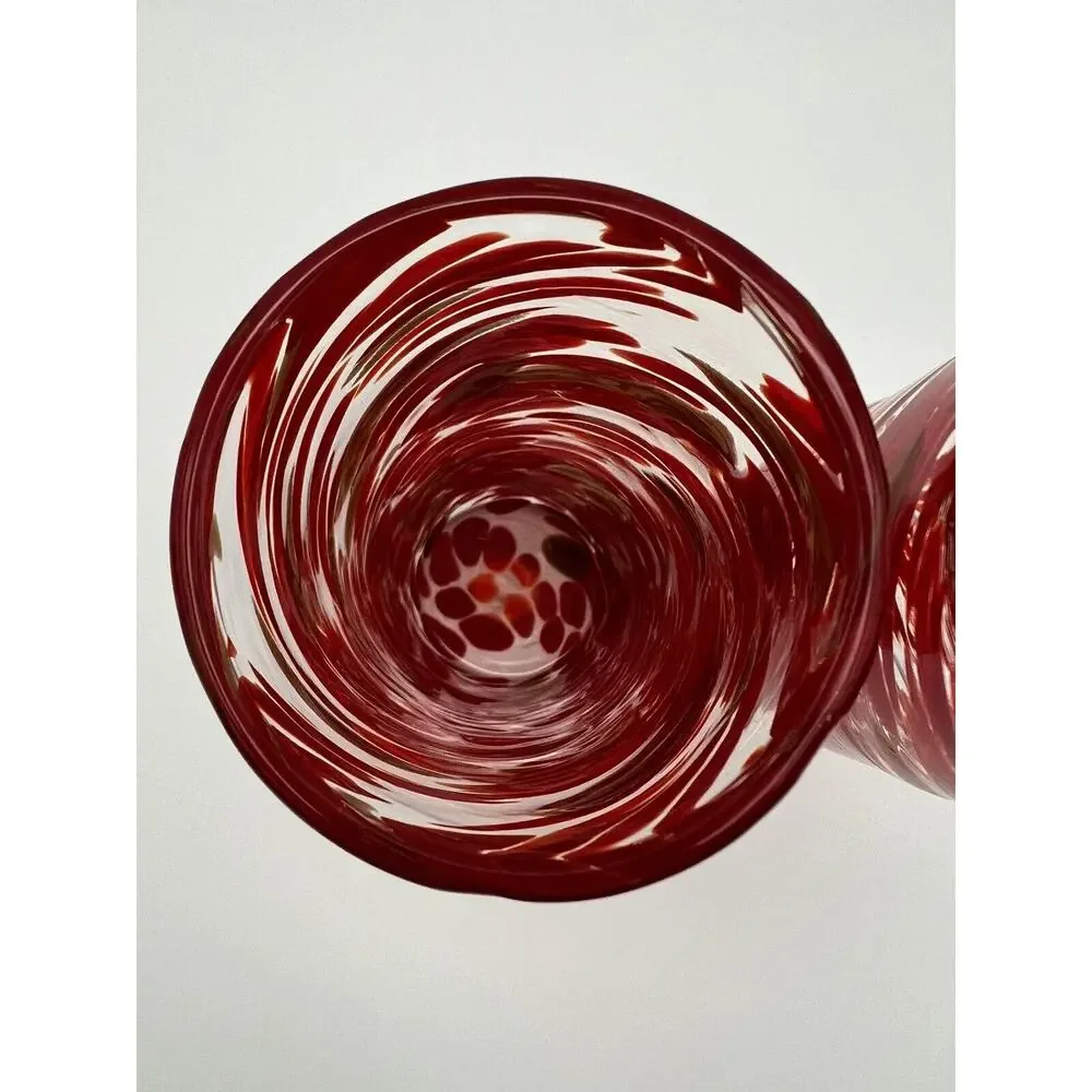 Hand Blown 7” Art Glass Drinking Glasses Vase Red & Gold Confetti Ribbon Swirl